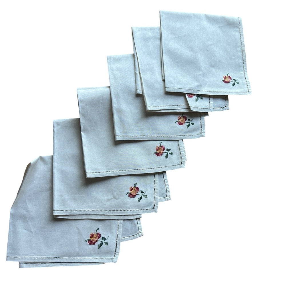 Vintage Linen Napkins Set 6 Hand Embroidered Roses Ivory 15x15